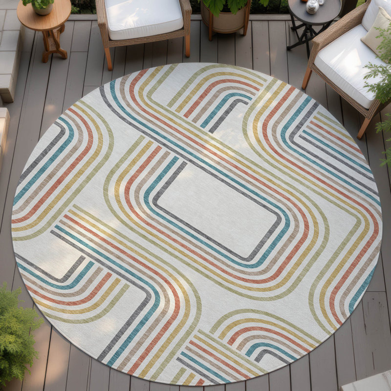 Machine Washable Indoor/Outdoor Chantille ACN2535 Geometric Rug, Round 8', Ivory