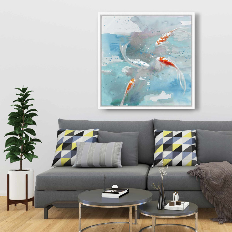 Koi Fish in Blue Water - Toile encadrée pour la décoration intérieure, Bleu / gris / orange, Blanc