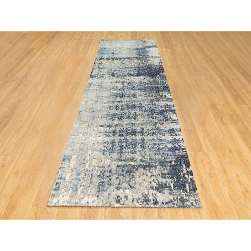 Tapis de couloir oriental en laine et en soie à motif abstrait noué à la main 4 pi x 11 pi 9 po 5BDEA3FF090E4807AAAC3E21197FBD56