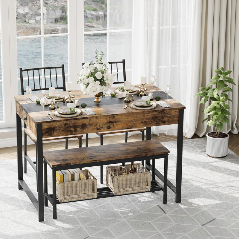4-Piece Dining Table Set for 4 People,Rectangular Kitchen Table Set with 2 Chairs & 1 Bench,Double Side Drawers,Perfect for Dining Room,Kitchen,Restaurant,Yard