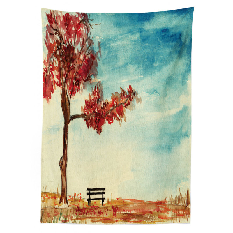 Ambesonne Tree Tablecloth, Watercolors Design Of A Tree And Bench Earth Ecological Protection For Future Image, Rectangular Table Cover For Dining Room Kitchen Decor, 52" X 70", Orange Blue