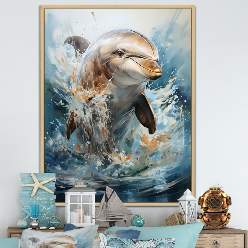 Dolphin Elegance - Dolphin Wall Art, Maple Floater Framed, 32" H x 16" W x 1" D