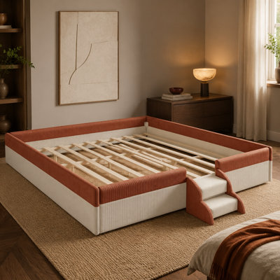 King Size Floor Bed with Fence, 2-Tier Steps and Smart LED Lights, Brown and White Upholstered