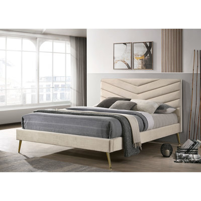 Lit très grand Mid-Century beige moderne avec dossier et pattes dorées avec pieds de tête de lit doux
