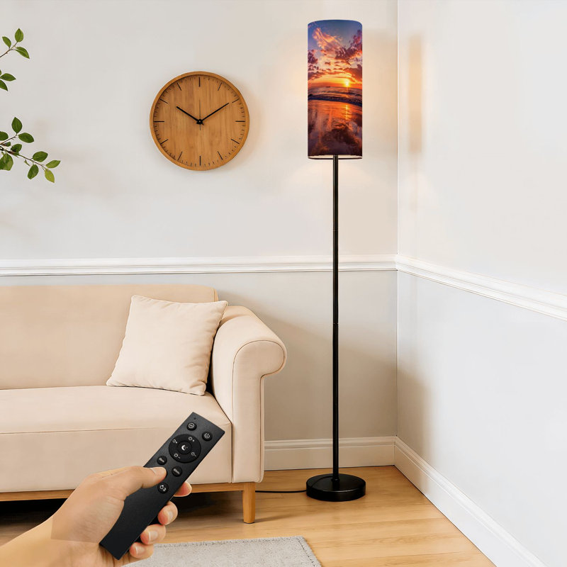 Lampe sur pied avec plage mauve, paysage côtier ultra violet, lampe sur pied à intensité variable avec télécommande, interrupteur au pied, ampoule, abat-jour, grand lampadaire pour salon, chambre, bureau