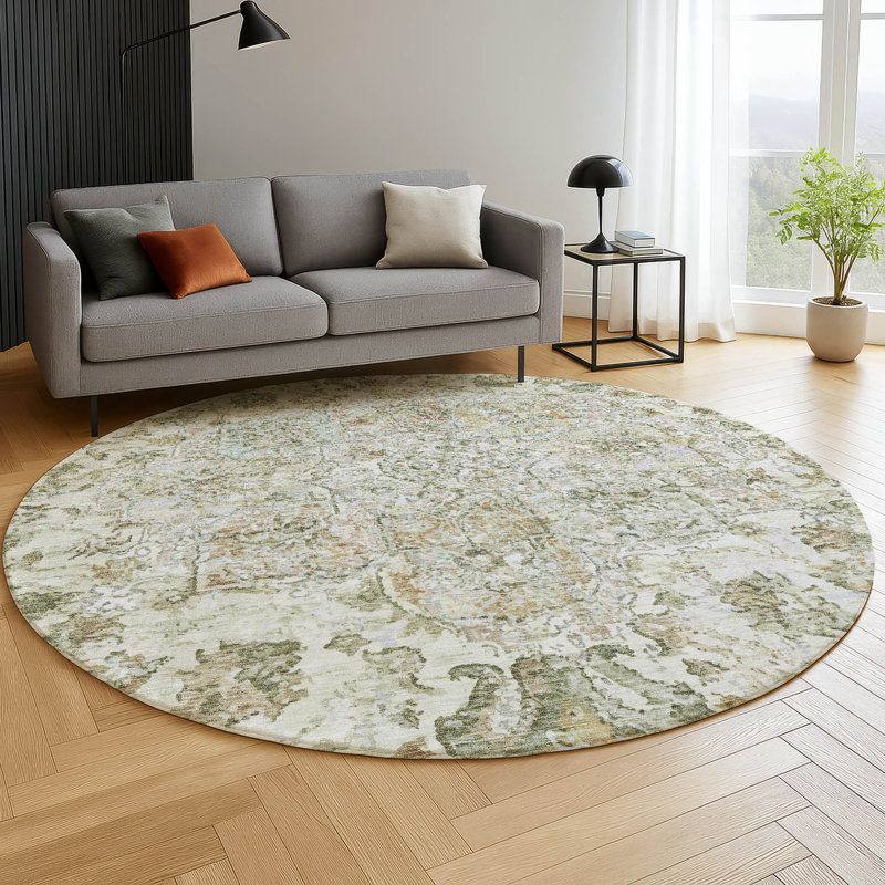 Premium Machine Washable Mayfield AMF2138 global Rug, Ivory, 8' Round
