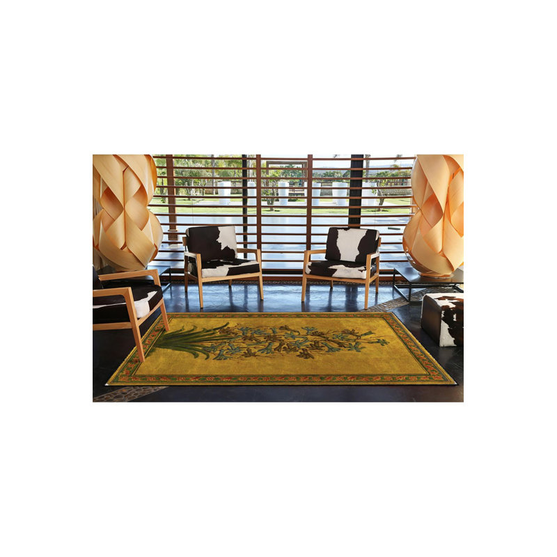 Tapis tissé à motif floral jaune, Sous-tapis carré 3 pi 3 po inclus
