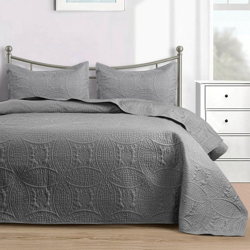 Reversible Bedspread All Season Comfort - Oversized  3 Piece Quilt Set - Lightweight Microfiber Bed Cover Quilt, Gray