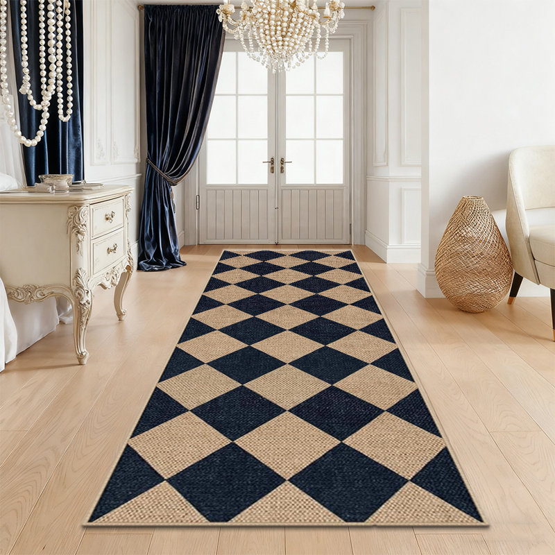 Checkered Jute Rug Machine Washable Checkered Pattern Rug Minimalist and Stylish Perfect for Bedrooms, Living Rooms, and Hallways