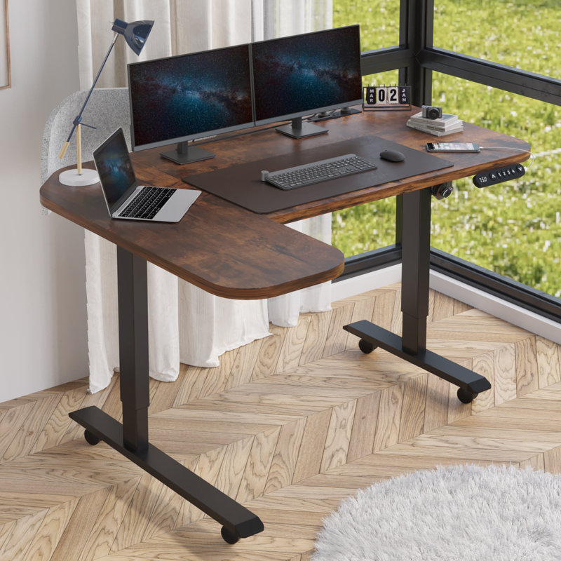 59'' L-shaped Height Adjustable Standing Desk, Brown
