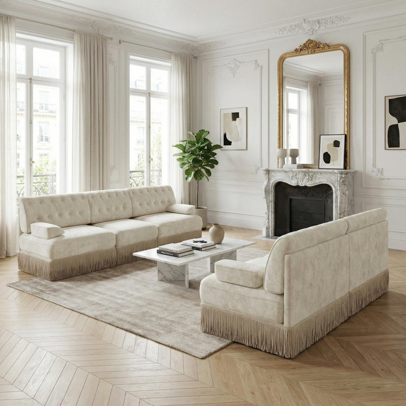 Ensemble de canapés de salon 2 pièces en velours blanc crème, capitonné, jupe à franges et siège modulable., Beige