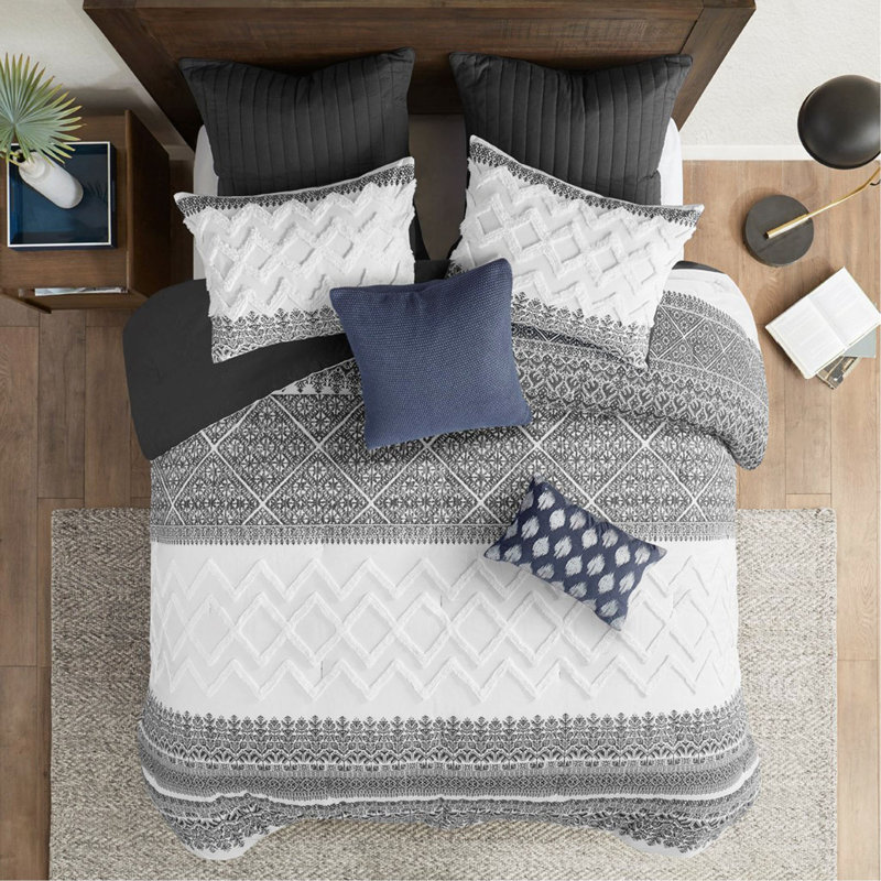 Ensemble d'édredon en coton 3 pièces avec capitonnage en chenille, Édredon très grand + 2 taies décoratives, Gris