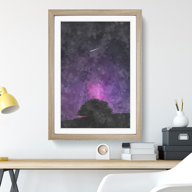 Shooting Star Above The Tree Painting - Framed Print, 63cm H x 45cm W x 2cm D, Oak Framed