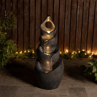 Fontaine d'extérieur en aumône en polyrésine de 34 po à 4 niveaux avec pompe et lumière DEL (KD) H 34 po