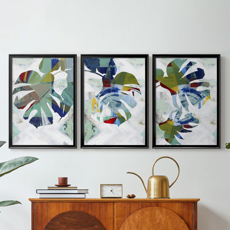 Monstera I - Toile tendue avec châssis sur mesure - 3 pièces, Noir, noir, noir, noir, H 30 po x l 63 po
