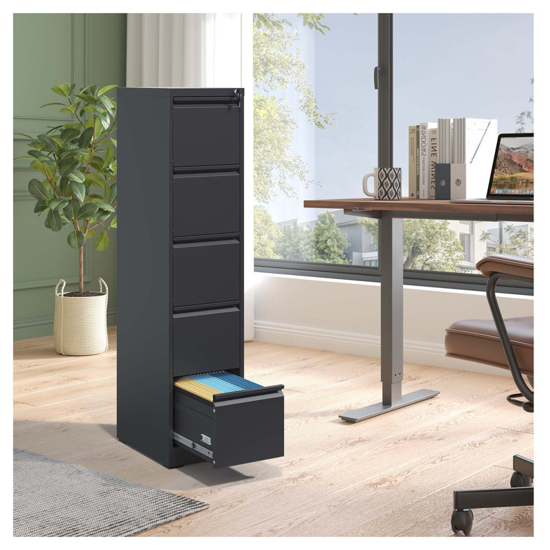 5-Drawer Metal Vertical File Cabinet with Lock - Black Office Storage