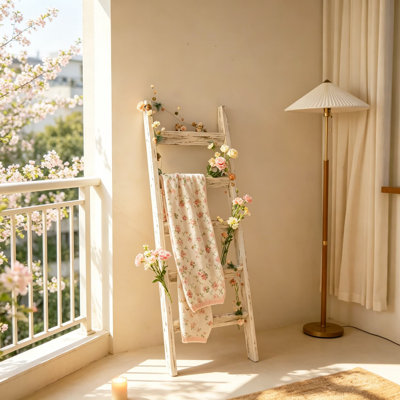 Échelle de couverture rustique en bois blanc rustique de 58 pouces pour le salon, porte-affiche de courtepointe de style campagnard, porte-serviettes pour la salle de bain, rails latéraux en bois massif non KD