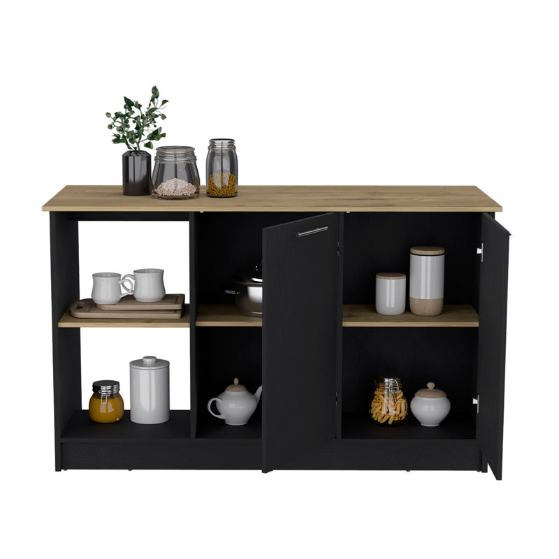 Îlot de cuisine avec grande surface supérieure, armoire à deux portes et tablettes ouvertes noir / Macadamia, Noir