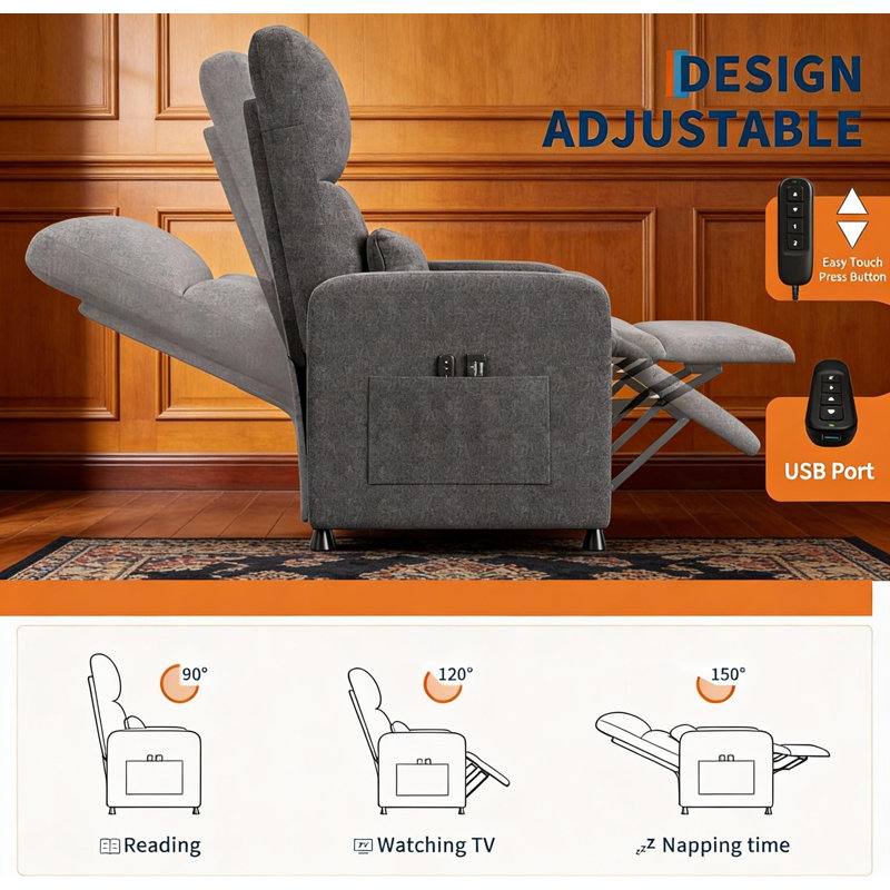 Power Recliner Chair, with 2 Side Pockets and USB Port, Gray