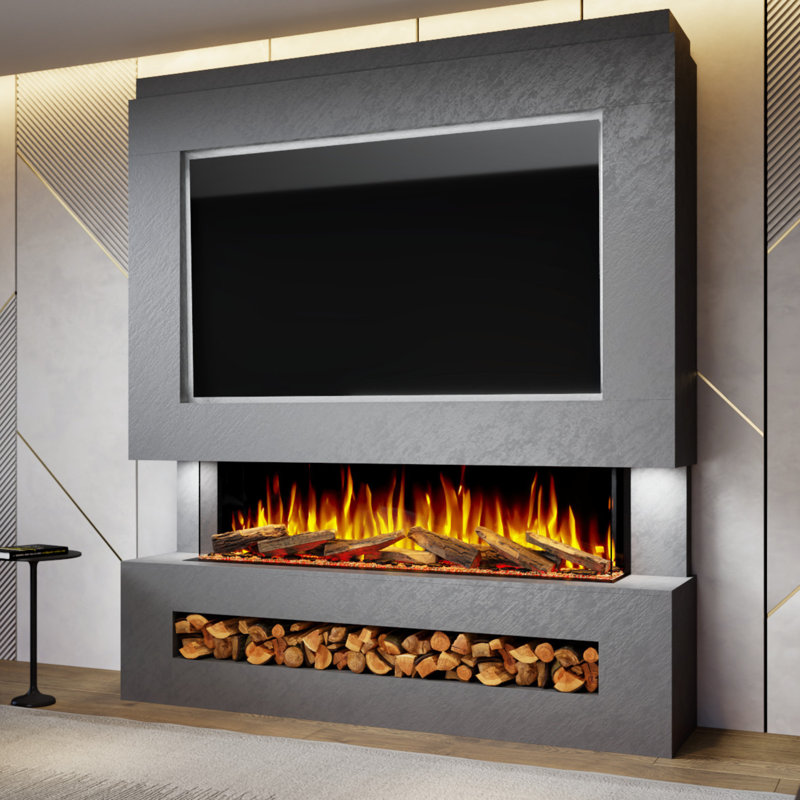 Evolution Fires Pre-Built Media Wall Package 11, finished in textured Venetian Plaster, includes Advance Series 1500 3-Sided Electric Fireplace