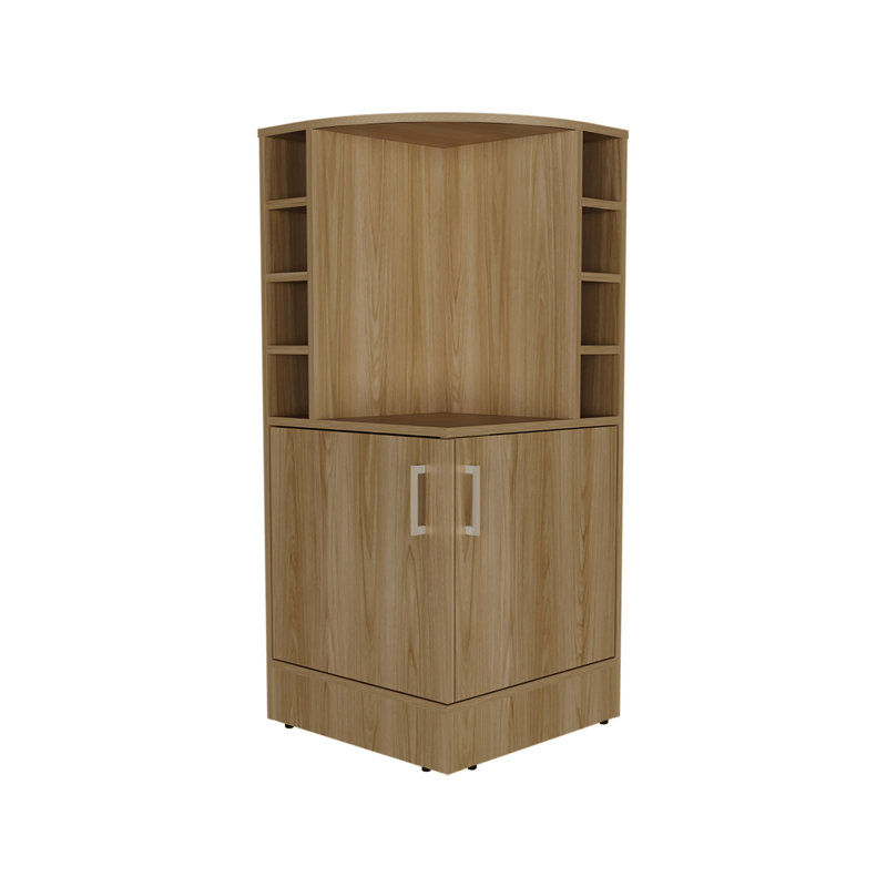Armoire de bar de 42 po de hauteur en chêne, huit bouteilles, double porte, décor moderne en chêne pour rangement de boissons, hauteur de 43 po, porte de bouteilles