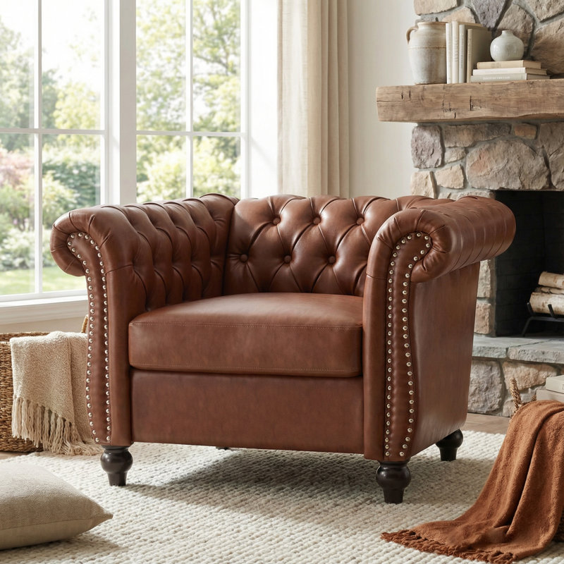 Camberley 39.5" Wide Tufted Chesterfield Club Chair with Scrolled Arms, Nailhead Trim, and Turned Legs, Brown Faux Leather