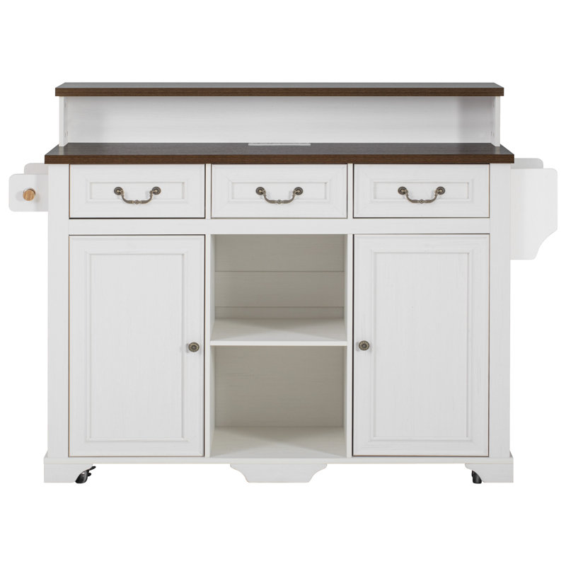 Farmhouse Kitchen Island With Storage, Power Outlet, 4 Door Shelves, Adjustable Shelves And Two-Tier, White