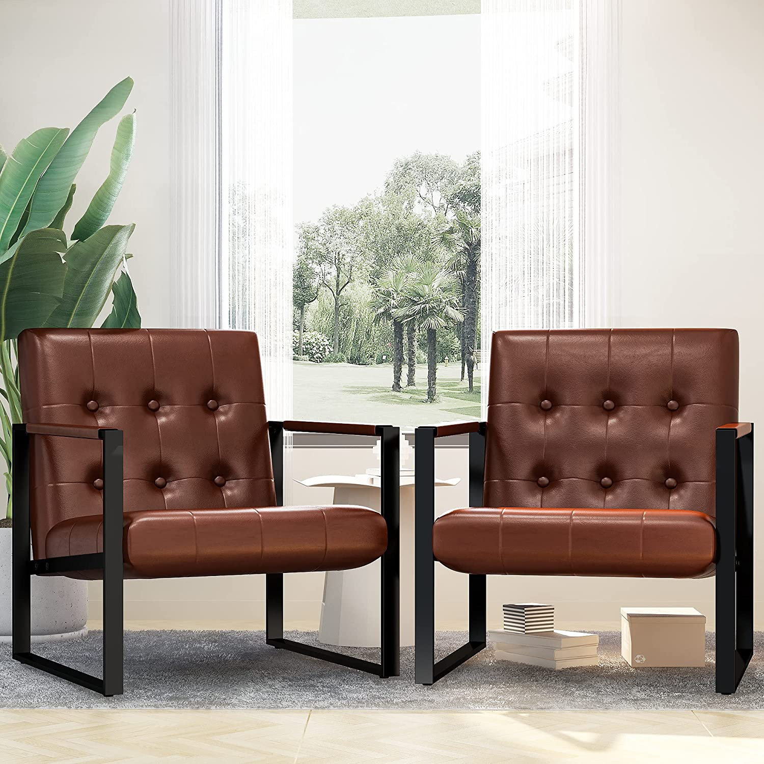 Latitude Run® Faux Leather Upholstered Accent Armchair Set Of 2, Mid  Century Modern Side Chairs With Metal Legs And Thick Padded Backrest,  Leisure Chairs, Vanity Chair, PU Leather Sofa Chairs For Living