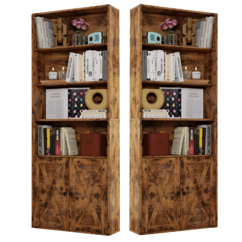 Ensemble de 2 bibliothèques à 6 niveaux avec portes, Brun rétro