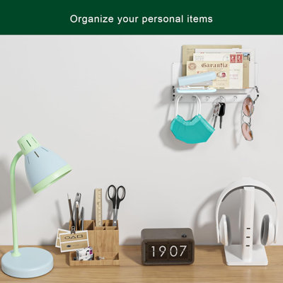 Acrylic Mounted Key Hooks with Shelf, Entryway Rack, Mail Organizer, Living Room Decor (Clear)