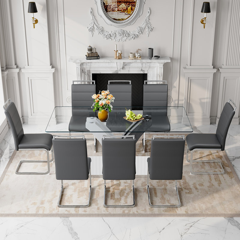 Modern Dining Table Set，Stylish Table with Comfortable Dining Chairs, 9 Pieces: Table, 8 Chairs, Grey