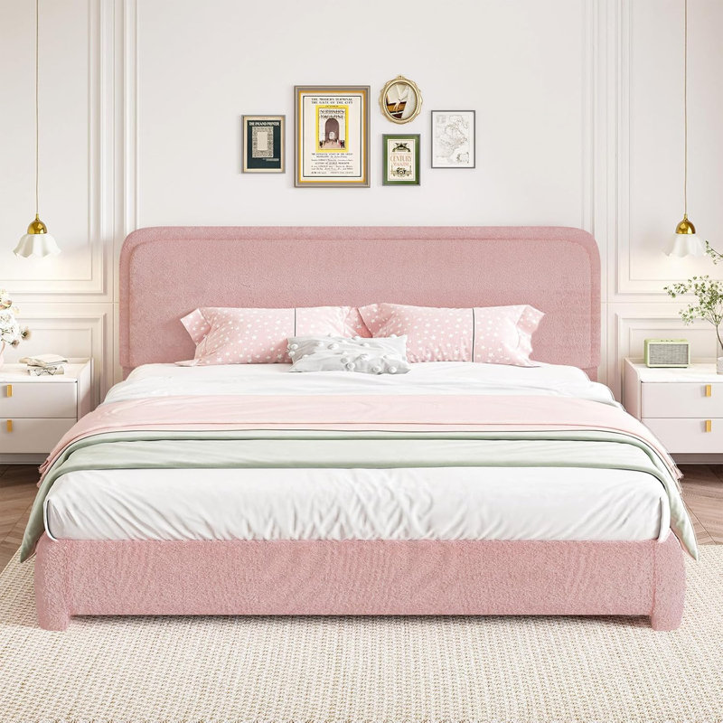 King Pink Boucle Upholstered Platform Bed Frame with Headboard