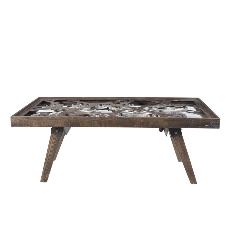 Lakela Industrial Gear Glass Top Coffee Table with Repurposed Steel Gears & Solid Wood Legs – 47” Rustic Metal & Hardwood Living Room Table 