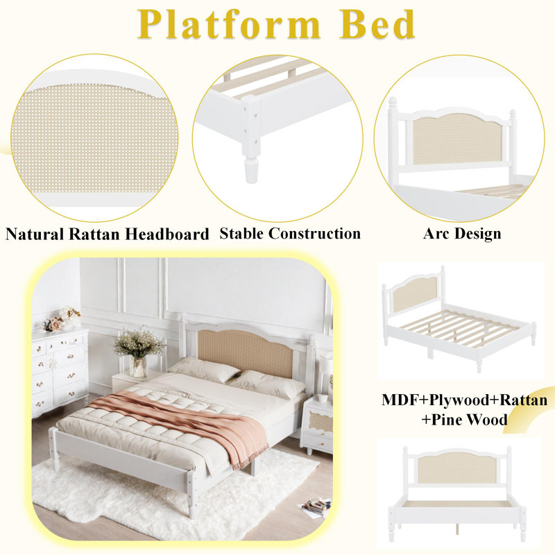 Queen White Pine Wood Platform Bed with Rattan Headboard