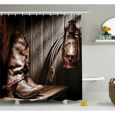 Western Dallas Cowboys and Lantern on A Bench in Vintage Ranch Nostalgic Folkloric Print Shower Curtain Set East Urban Home Size 84 H x 69 W