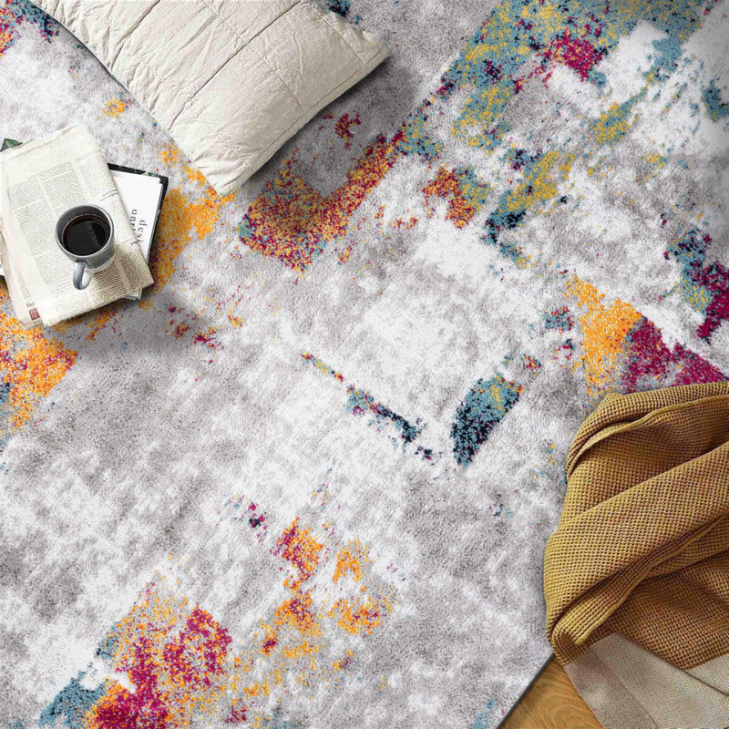 Mizpah Abstract Area Rug in Gray/Orange/Ivory, Runner 2' x 7'
