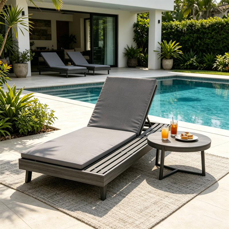 Lounge Chaise Set, Space Available On One Side, Acacia Wood In Black With Water-Resistant Lounge Cushions (Dark Grey & 2 Inch Thick) – Matching Cream/Leaf Coconut Version Available
