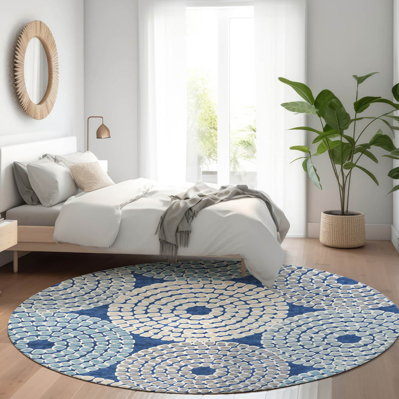 Tapis bleu marine de qualité supérieure lavable à la machine Prisco, Rond 8 pi