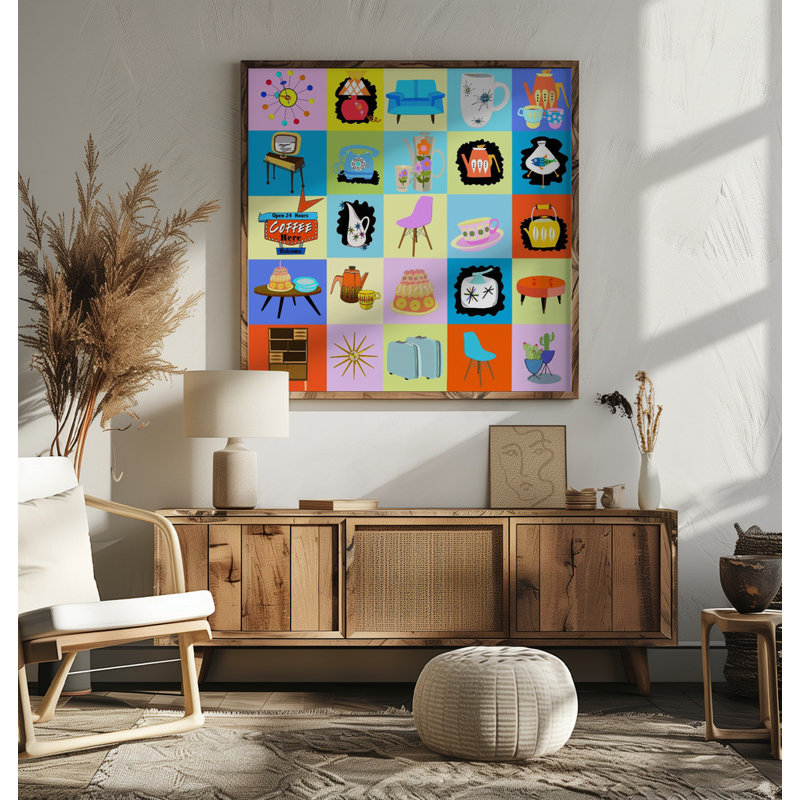 "Mid century pop", art mural texturé encadré, Noir, H 20 po x l 20 po