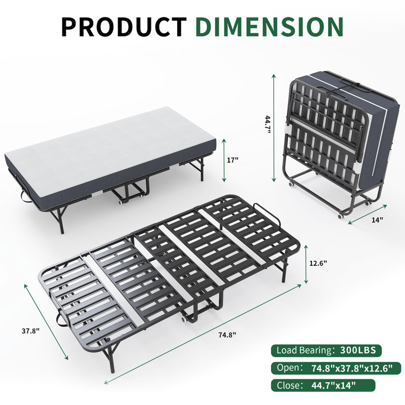 Lit escamotable 3,7 po matelas en mousse à mémoire de forme - portable pour petits espaces, structure en métal, 75 po x 38 po, invités confortables, rangement facile et solide