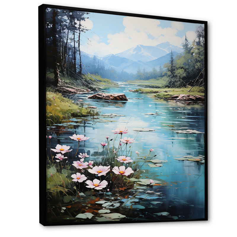 Romantiques fleurs sereines I - Lacs et rivières, art mural, salon, Cadre flottant noir, H 32 po x l 16 po x P 1 po