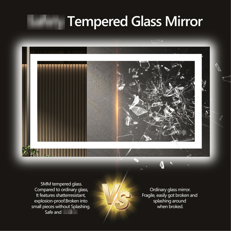 Miroir de salle de bain 77 x 36 pouces à DEL intelligent, luminosité réglable de 10% à 100%, 3 températures de couleur, - mode brouillard, compatibilité avec interrupteur mural, miroir cuivre argenté à pression prolongée, court pour le changement de température,