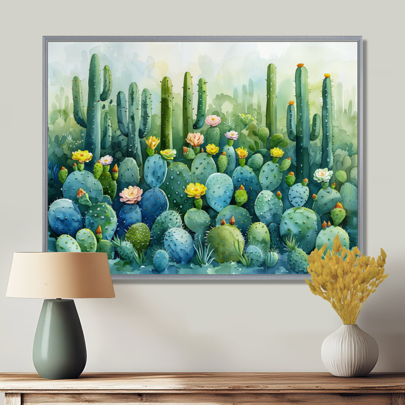 Vert, vert, désert, jardin de cactus - impression de cactus floral, Toile argentée avec cadre flottant