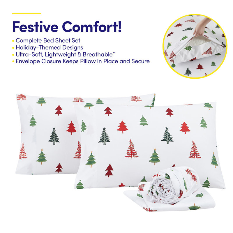 Printed Holiday 4Pc Sheet Sets, Easy Care, Soft & Wrinkle-Resistant Holiday Bedding - Holly Trees, King, White Holly Trees