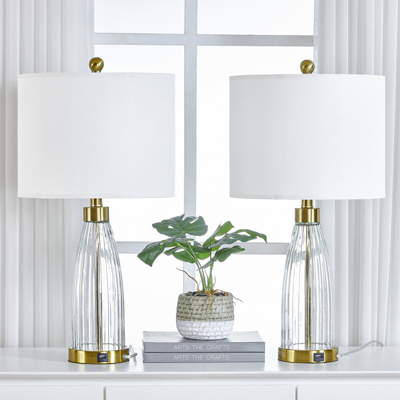 Gold and Glass 25'' Table Lamp Set with USB Ports