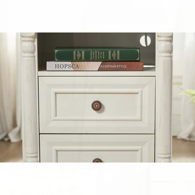 Table d'appoint Farmhouse avec 2 tiroirs et station de charge - Bois rustique, Blanc