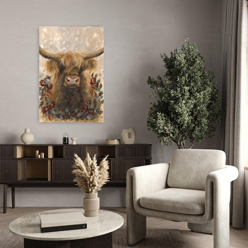 Holiday Highland Cow, art contemporain abstrait, H 36 po x l 24 po