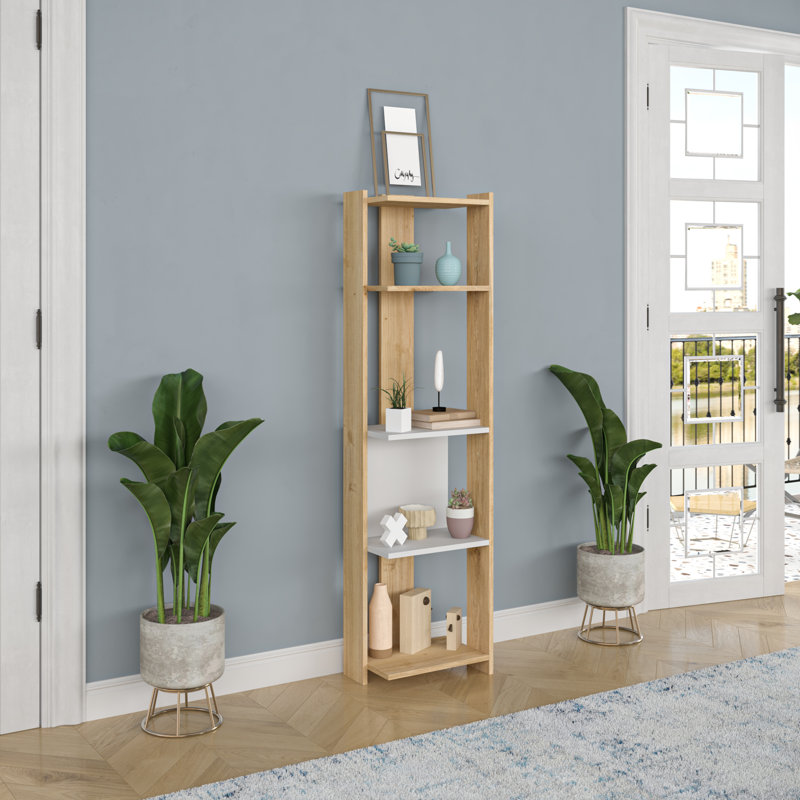 Chêne élégant avec bibliothèque blanche, 5 tablettes, 64,9 po x 10,6 po x 65 po | 100% panneau de particules enduit de mélamine, épaisseur: 0,7 pouce | Fixation murale, conception moderne parfaite pour le salon, le bureau et le bureau