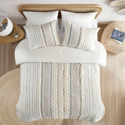 Cotton Printed Comforter Set With Chenille Ivory Full/Queen