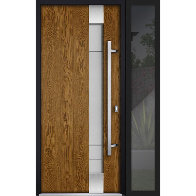 Porte d'entrée extérieure prémontée en acier Deux 1713 Chêne naturel, fenêtre latérale extérieure noire, inserts en acier inoxydable, style moderne, peinte - L 36 + 12 x H 80 - Ouverture à gauche vers l'intérieur